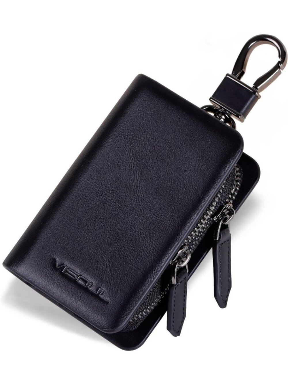 Leather Car Key Fob Case Holder with Double Zipper & Keychain for Men & Women